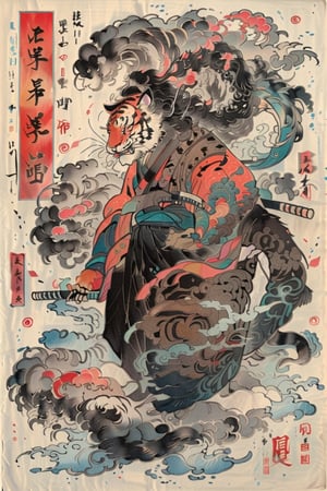 A beautifully drawn (((vintage t-shirt print))), featuring intricate ((retro-inspired typography)) encircling a (((sumi-e ink illustration))) depicting tiger, in a stance holding a katana,gleaming in the sunlight,  ying yang sybol behind the head, integrating elements of Japanese calligraphy  with black back ground
,MeganFox,Ukiyo-e