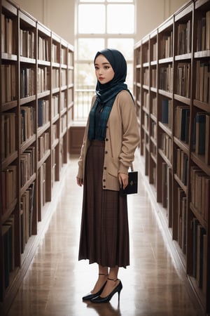 Full body portrait of beautiful Indonesian girl, vintage Hijab Khimar, muted makeup, cardigan over long shirt, tartan maxi skirt, college library, rows of books, Hasselblad, depth of field, dynamic lighting, masterpiece, best quality, high resolution
