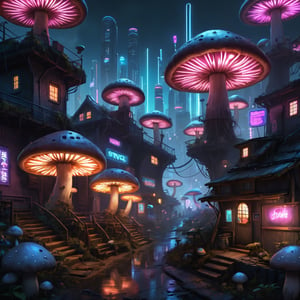 Detailed Artwork of a mushroom village, cyberpunk style, neon lights, epic lights