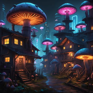 Detailed Artwork of a mushroom village, cyberpunk style, neon lights, epic lights