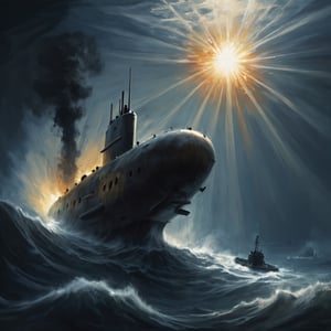 Illustration artwork of light and shadow, impressionistic , submarine sinking after hit , explosion