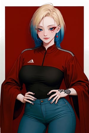 ((best quality)), ((highly detailed)), masterpiece,intricately detailed, hyperdetailed,
1girl, AS-Adult,1girl, blue eyes, long hair, blonde hair, blue hair, gradient hair, two-tone hair, thick thighs, large breasts earrings, red eyeshadow, hand tattoo, neck tattoo, leg tattoo, makeup, looking at viewer, solo, good anatomy, full toes, well-formed toes, facing viewer, average_breasts, blue_jeans,narrow_waist, cowboy_shot, smirk, hand_on_hip, michellkaiserbl