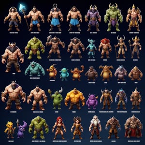 Professional game assets sheet of heros, monsters and villains for a game