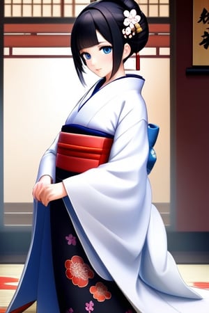 Android geisha, asian_female, blue_eyes, black_hair, full_body, white_kimono, noble, white_socks