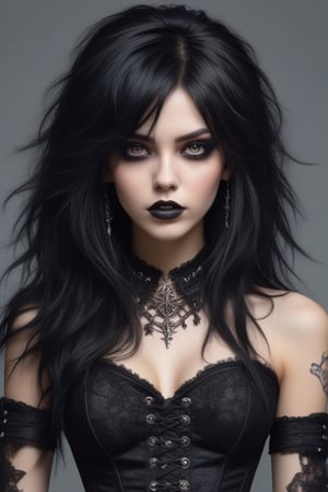 Generate hyper realistic image of Beautiful gothic girl, long messy black hair with a punk cut, wearing a short black corset with intrincate details, very detailed beautiful eyes. Very detailed, provocative face, (dynamic provocative pose),   vibrant colors artwork, hight detailed, 