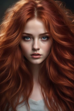 Generate hyper realistic close portrait of a beautiful girl, long messy red hair,Dark bacground, very detailed beautiful eyes. Very detailed, provocative face, (dynamic provocative pose), soft colors artwork, hight detailed,