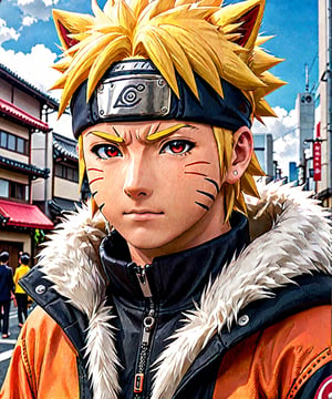 realistic close up photo of naruto that is in a japan city near a buliding, detailed realistic fluffy fur