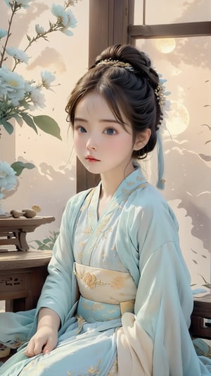 A five year old Chinese boy wearing a light blue Hanfu,very cute,with a cute and beautiful round face.She sits in front of a desk and looks up at the sky ,confident,charming,antique.CG rendered,cg rendering Surrealism style Pixar anime movie, flowers bloom bokeh background.