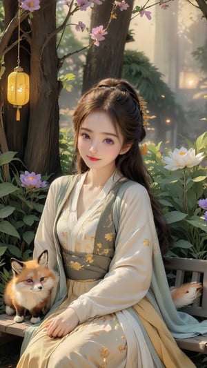 Beautiful 1girl, ((12 years old)), (masterpiece, top quality, best quality, official art, beautiful and aesthetic:1.2), (holding cute fox), funny pose, (seat on the swing :1.5), outside, With many animals, (executoner), extreme detailedw, colorful, highest detailed ((ultra-detailed)), (highly detailed CG illustration), ((an extremely delicate and beautiful)), cinematic light, niji style, Chinese house style, in the morning light, maple tree bloom, sunray through the leaves, beautiful eyes, ((light brown eyes)), perfect face, smiling happily, 32k ultra high definition, Pixar movie scene style, realistic high quality Portrait photography, eternal beauty, the lantern behind her emits a soft light, beautiful and dreamy, the flowers are in bloom, and the light bokeh serves as the background, (bronze eyes:1.4), ((purple and yellow hues)), hanfu
