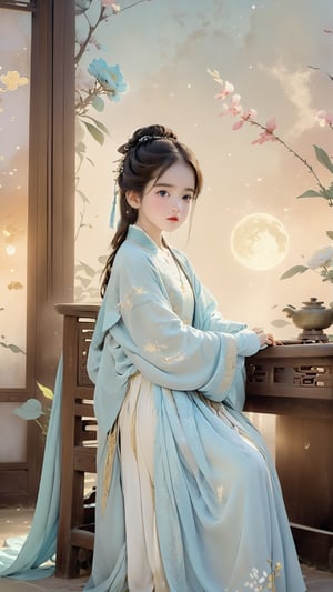 A five year old Chinese boy wearing a light blue Hanfu,very cute,with a cute and beautiful round face.She sits in front of a desk and looks up at the sky ,confident,charming,antique.CG rendered,cg rendering Surrealism style Pixar anime movie, flowers bloom bokeh background.