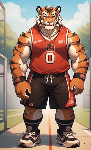 short focal length view, 1 kemono,  tiger, ((mature male)),  colorful furred,  solo,  4K,  masterpiece,  ultra-fine details,  big ear,  bushy eyebrow,serious eye, thick thighs, basketball shorts, full body, iron tribal necklace, confidence smile, tall,
sleeveless shirt, wristband, onsen,
sneakers, ((long socks)),
turn slightly sideways,nj5furry