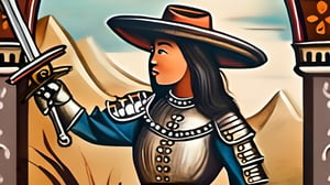 A very beautiful asian girl,wearing a Mexican mariachi suit and hat,sword fighting against a medieval knight in full armor. side perspective,medieval painting art. grain texture on canvass. full body