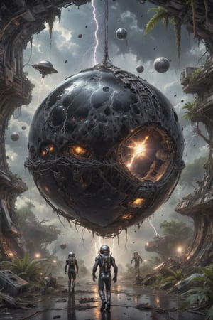 a black sphere hanging in space, lightning, electrical discharges, astronauts running from in fear, a crashed spaceship, an alien sky, an alien jungle. HDR, hyperrealism, masterpiece, 8kg,cyborg style