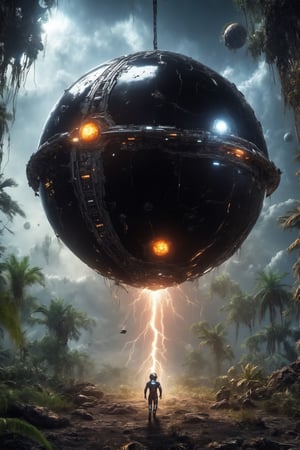 a black sphere hanging in space, lightning, electrical discharges, astronauts running from in fear, a crashed spaceship, an alien sky, an alien jungle. HDR, hyperrealism, masterpiece, 8kg,cyborg style