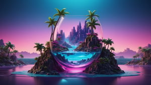 neonpunk style (Professional 3D rendering:1.3) of (Sketch:1.3) a glass vase with a tropical island in it, surreal 3 d render, surreal water art, 3d render digital art, water art manipulation, full of glass. cgsociety, very detailed paradise, 4k highly detailed digital art, 3 d artistic render, oasis in the desert, surreal concept art, 3 d render beeple, rendered illustration,CGSociety,ArtStation . cyberpunk, vaporwave, neon, vibes, vibrant, stunningly beautiful, crisp, detailed, sleek, ultramodern, magenta highlights, dark purple shadows, high contrast, cinematic, ultra detailed, intricate, professional