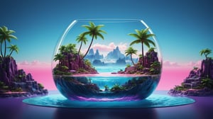 neonpunk style (Professional 3D rendering:1.3) of (Sketch:1.3) a glass vase with a tropical island in it, surreal 3 d render, surreal water art, 3d render digital art, water art manipulation, full of glass. cgsociety, very detailed paradise, 4k highly detailed digital art, 3 d artistic render, oasis in the desert, surreal concept art, 3 d render beeple, rendered illustration,CGSociety,ArtStation . cyberpunk, vaporwave, neon, vibes, vibrant, stunningly beautiful, crisp, detailed, sleek, ultramodern, magenta highlights, dark purple shadows, high contrast, cinematic, ultra detailed, intricate, professional