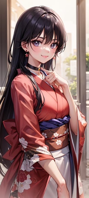 masterpiece, best quality, highres, sama1, kimono, kimono cosplay, accessories, red star choker, earnings, jewelry, walking, medium breast, happy, soft breast, long hair, confident, pride, smiling, caring eyes, caring, long hair, upper body focus, upper body only, caring, loving, care, closed mouth, smiling,