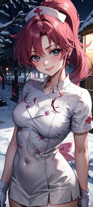 masterpiece, best quality, highres, hmjupiter, strong personality, nurse costume, nurse cap, nurse cosplay, white gloves, white skirt,  strong, tough, green eyes, ponytail, jewelry, green choker, pink bow, night, moon, trees, lights, sexy, point of view, snow, night, snowflakes, happy, busty, looking at viewer, Detailedface, confident, love, soft breast, love, caring, smiling, smile, appreciate, point of view, medium breast,  closeup, close_up, happy, exciting, loving, protecting viewer, bare legs,  upper body only, relax, relief, comfy, comfortable, loving, close, room,  happy, caring, caring eyes, anime eyes, smiling, closed mouth, checking on viewer,