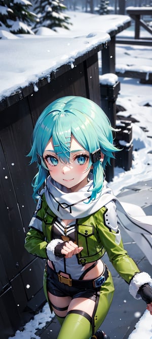 masterpiece, best quality, highres, 1girl, sinon1, scarf, fingerless gloves, long sleeves, short shorts, hair ornament, hairclip, green thighhighs, green jacket, thigh strap,ruins,sinon1, walking towards viewer, incoming hug, selfie, reaching, walking, happy, want to hug, loving, exciting, snow, city, snowing, winter, upper body, closed mouth, smiling, view from high above, ((view from high above)),