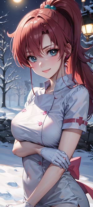 masterpiece, best quality, highres, hmjupiter, strong personality, nurse costume, nurse cap, nurse cosplay, white gloves, white skirt,  strong, tough, green eyes, ponytail, jewelry, green choker, pink bow, night, moon, trees, lights, sexy, point of view, snow, night, snowflakes, happy, busty, looking at viewer, Detailedface, confident, love, soft breast, love, caring, smiling, smile, appreciate, point of view, medium breast,  closeup, close_up, happy, exciting, loving, protecting viewer, bare legs,  upper body only, relax, relief, comfy, comfortable, loving, close, room,  happy, caring, caring eyes, anime eyes, smiling, closed mouth, checking on viewer,