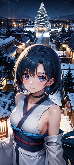 masterpiece, best quality, highres, mer1, kimono, kimono dress, kimono cosplay, blue star choker, jewelry, earrings, sexy, trees, lights, snow, night, snowflakes, happy, busty, Detailedface, confident, love, soft breast, love, caring, appreciate, point of view, , sparkling eyes, happy, confident, love, soft breast, love, caring, appreciate, point of view, small breast, facing viewer, focus on viewer, focusing on viewer, upper body only, relax, relief, comfy, comfortable, loving, close, ((comfort)), ((relief)), comfy, comfortable, relaxed, excited, happy, caring, caring eyes, closed mouth, :), facing viewer, view from high above, ((view from high above)),