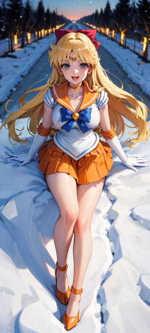 masterpiece, best quality, highres, sv1, full body, solo, looking at viewer, sailor senshi uniform, orange skirt, elbow gloves, tiara, orange sailor collar, red bow, orange choker, white gloves, jewelry, village, cottage, trees, lights, sexy, full body, snow, sexy, point of view, full body, busty, happy, orange high heels, golden hair, long hair, positivity, positive, detailed face, Detailedface, mini skirt, sailor senshi uniform, point of view, loving, medium breast, soft breast, orange skirt, big yellow back bow, happy, excited, cute, sweetie, loving, viewer, confident, happy, medium breast, view from high above, ((view from high above))