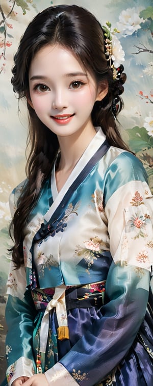 (((masterpiece))), top quality, (beautiful and delicate girl), beautiful and delicate light, (beautiful and delicate eyes), pale skin, big smile, (brown eyes), (dark black long hair), dreamy, vintage art, Medium chest, female 1, (front shot), soft expression, tall, oil painting, proud and elegant, raised hair, Hanbok,FilmGirl,Hanbok