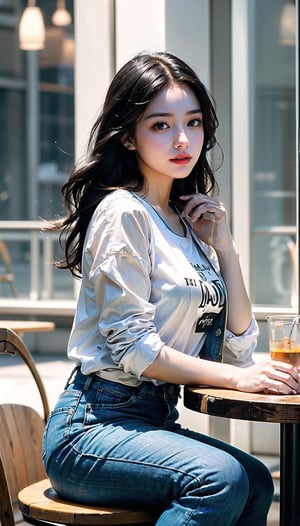 (((masterpiece))), top quality, (beautiful and delicate girl), beautiful and delicate light, (beautiful and delicate eyes), mysterious smile, (brown eyes), (dark black long hair), medium chest, female 1 , (front shot) , Korean, soft expression, tall, jacket, patterned t-shirt, jeans, sneakers, (cafe with a clear view of the outside through full glass), (man and woman sitting by the window drinking coffee), cozy lighting, The overall structure of the cafe is visible, and the lovers' figures can be seen in the distance.,Extremely Realistic,yuk0, 