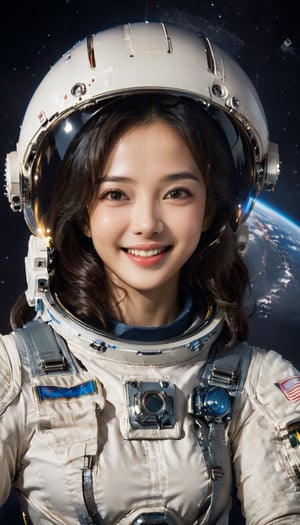 (((masterpiece))), top quality, (beautiful and delicate girl), beautiful and delicate light, (beautiful and delicate eyes), big smile, (brown eyes), (dark black long hair), medium breasts, female 1 , ( frontal shot) , Korean, soft expression, tall, woman wearing high-tech space suit, beautiful face, spaceship background, galaxy visible in the distance, space station,