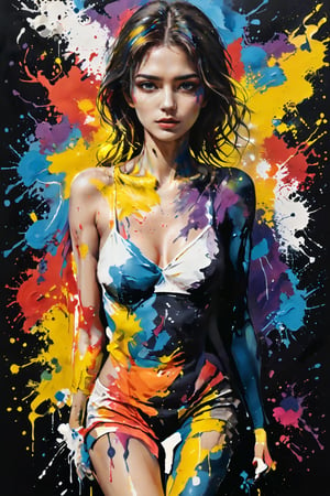 (Innovative and original), (Oil painting with different colors of paint sprayed on the body and the paint splattering everywhere), (Drawing a perfect silhouette of a beautiful woman: 1.4),Work of art, Sharp image quality, Intricate details,Perfect details,