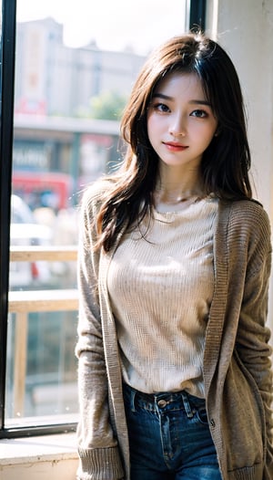 (((masterpiece))), top quality, (beautiful and delicate girl), beautiful and delicate light, (beautiful and delicate eyes), mysterious smile, (brown eyes), (dark black long hair), medium breasts, female 1, frontal shot, Korean, soft expression, tall, cardigan, sleeveless knit, jeans, sneakers, half body shot,
