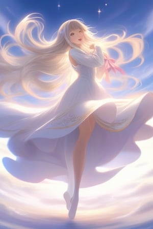 (masterpiece:1.2), best quality,white dress, 1girl, long hair, dress, very long hair, star (symbol) , full body, white dress, standing, holding, long sleeves, detached sleeves, looking at viewer, sleeves past wrists, (full-body_portrait:1.3), from_behind, (((masterpiece))), (((best quality))), (((outstretched arms))), (((hand close to waist))), sidelocks, longhair, wristband, sleeveless, chiffon floral fluttering skirt, wind, dust, steam, solo, 1girl, (((big tits))), ((ribbon)), open mouth, sweat, shy, blush, ((slim figure)), lace stockings, 