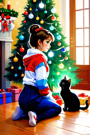 there is a little girl sitting on the floor with a cat next to a christmas tree, cute artwork, gifts, beautiful artwork, cute digital art, presents, adorable digital painting, traditional art, by Elaine Hamilton, christmas night, beautiful digital artwork, cute detailed digital art, cute detailed artwork, by Igor Grabar, so cute, !!beautiful!!, holiday season illustration by Ilya Repin