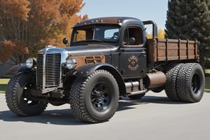 Old black and rusty big truck, large chrome wheels, lowered suspension,more detail XL