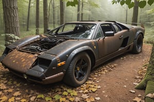 A Lamborghini abandoned in the middle of the woods all rusty,more detail XL,rat_rod