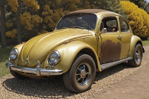 Old yellow and rusty Beatle, chrome wheels, ,more detail XL