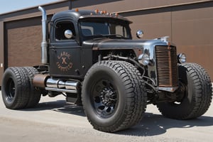 Old black and rusty big truck, large chrome wheels, lowered suspension,more detail XL