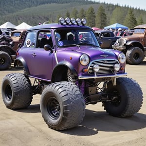 A Mini Cooper Bigfoot monster truck, purple and a little rusty,more detail XL,rat_rod