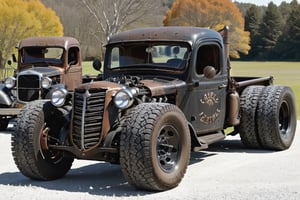 Old black and rusty truck, large chrome wheels, lowered suspension, apparent engine