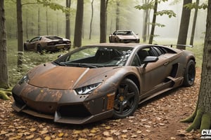 A Lamborghini abandoned in the middle of the woods all rusty,more detail XL,rat_rod