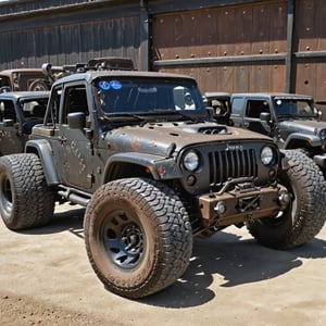 A Jeep Wrangler, big wheels, completely rusty,more detail XL,rat_rod