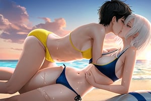 A cute girl with white hair wearing a yellow bikini and a black-haired boy wearing a swimsuit (swimming trunks) kiss passionately on the beach at sunset