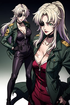 an accurate and detailed full-body shot of a female character named Sofina, 1girl, Tall, athletic, slender, mysterious expression, Medium wavy ponytail, (purple-yellow gradient hair:1.3), (gradient-colored hair), swept bangs, (eyepatch over left eye:1.3), glasses over her right eye, piercing blue eye color, (burn scars on face and chest and arms:1.2), black choker, (black dress pants:1.3), (zipped up green military jacket:1.4),(red bra:0.9) stylish heel-boots, red lipstick, pink manicure nails, masterpiece,  high quality, 4K, balalaika, minene uryuu, nice holystone, (eyepatch), glasses, burn scars, black pants, black fingerless gloves,long hair,green vest jacket,green pants,combat boots