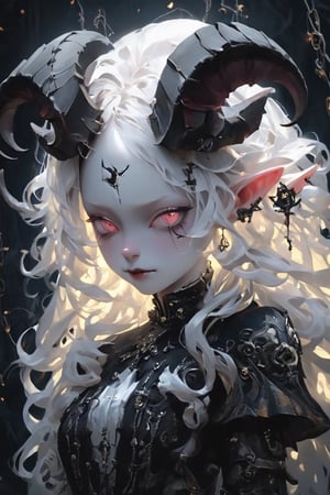 chevreuseexp, ((Cinematic high quality photo)),mysterious hybrid albino demon little queen, (long intricate horns), a sister clad in gothic punk attire,Mechanical unique being body, ntricate gears,  mesmerizing light, polished metal vines form a fascinating,ct-niji2, 