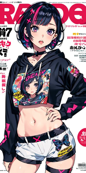 punk girl, plump body, sexy, lewd, short hair, (bob cut hair, laying), detailed background, (pop art, decora art style, doodle art), (hair accessories, ribbons), (cropped hoodie, shorts, midriff), accessories, body stickers, ((perfect legs, contrapposto)), multicolored hair, streaked hair, mksks style, , (tired eyes, open mouth), dynamic angle, (magazine cover, text),mika pikazo,SharpEyess