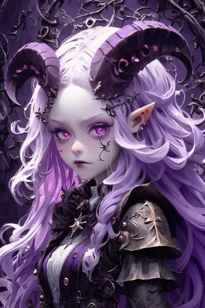chevreuseexp, ((Cinematic high quality photo)),mysterious hybrid albino demon little queen, (long intricate horns), a sister clad in gothic punk attire,Mechanical unique being body, ntricate gears,  mesmerizing light, polished metal vines form a fascinating,ct-niji2, chevreuseexp
purple hair
white streaks
long hair
Purple eyes
