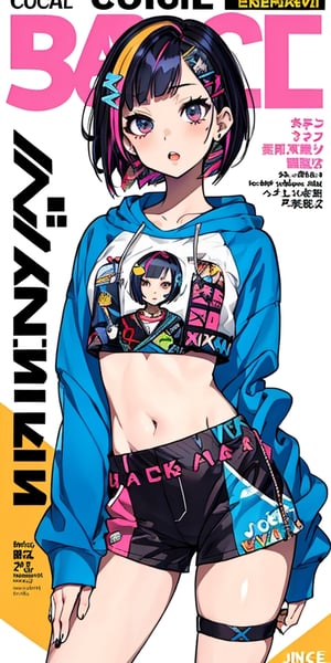punk girl, short hair, (bob cut hair, laying), detailed background, (pop art, decora art style, doodle art), (hair accessories, ribbons), (cropped hoodie, shorts, midriff), accessories, body stickers, ((perfect legs, contrapposto)), multicolored hair, streaked hair, mksks style, , (tired eyes, open mouth), dynamic angle, (magazine cover, text),mika pikazo,SharpEyess
