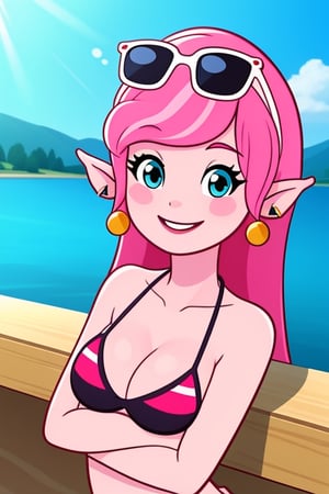 beautiful, masterpiece, best quality, solo, 1girl, high resolution, great detail, best quality, solo, smile, lake background, pink skin, pink hair, upper_body, cute, Missykix, bikini, sexy, medium breast, cleavage, pointy ears, sunglasses 