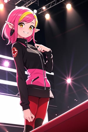 beautiful, masterpiece, best quality, solo, 1girl, high resolution, great detail, best quality, solo, smile, sunny, stage background, pink skin, pink hair, indoors, upper_body, cute, Missykix, black jacket, stripped sleeves, stripped leggings, pointy ears, yellow hair streak