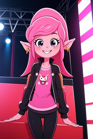 beautiful, masterpiece, best quality, solo, 1girl, high resolution, great detail, best quality, solo, smile, sunny, stage background, pink skin, pink hair, indoors, upper_body, cute, Missykix, black jacket, stripped sleeves, stripped leggings, pointy ears